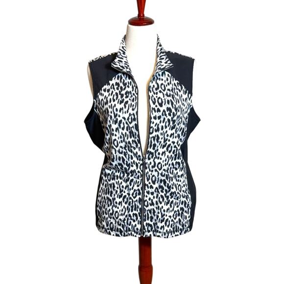 Chico's vest Weekends black & animal print stretch full zip & pockets Sz 2 US L - Picture 1 of 9
